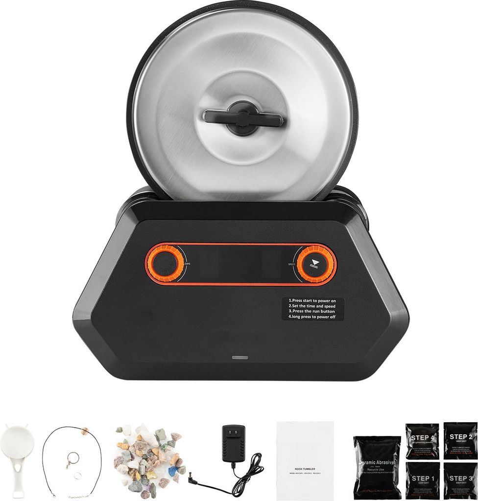 SucceBuy Elektrische Poliermaschine für Steine, 1,36 kg Tragkraft, 4 Geschwindigkeitsstufen, Set mit Rohedelsteinen, Poliergranulat und 9-Tage-Tim...