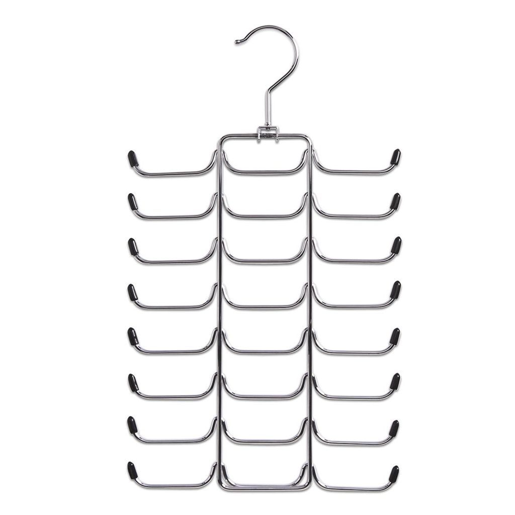 A chrome-plated metal tie and belt hanger with multiple hooks.