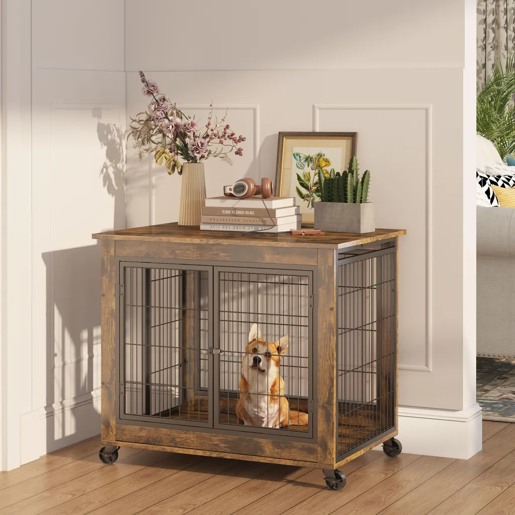 Cage de transport intérieur chien meuble bois 80cm pour petit salon
