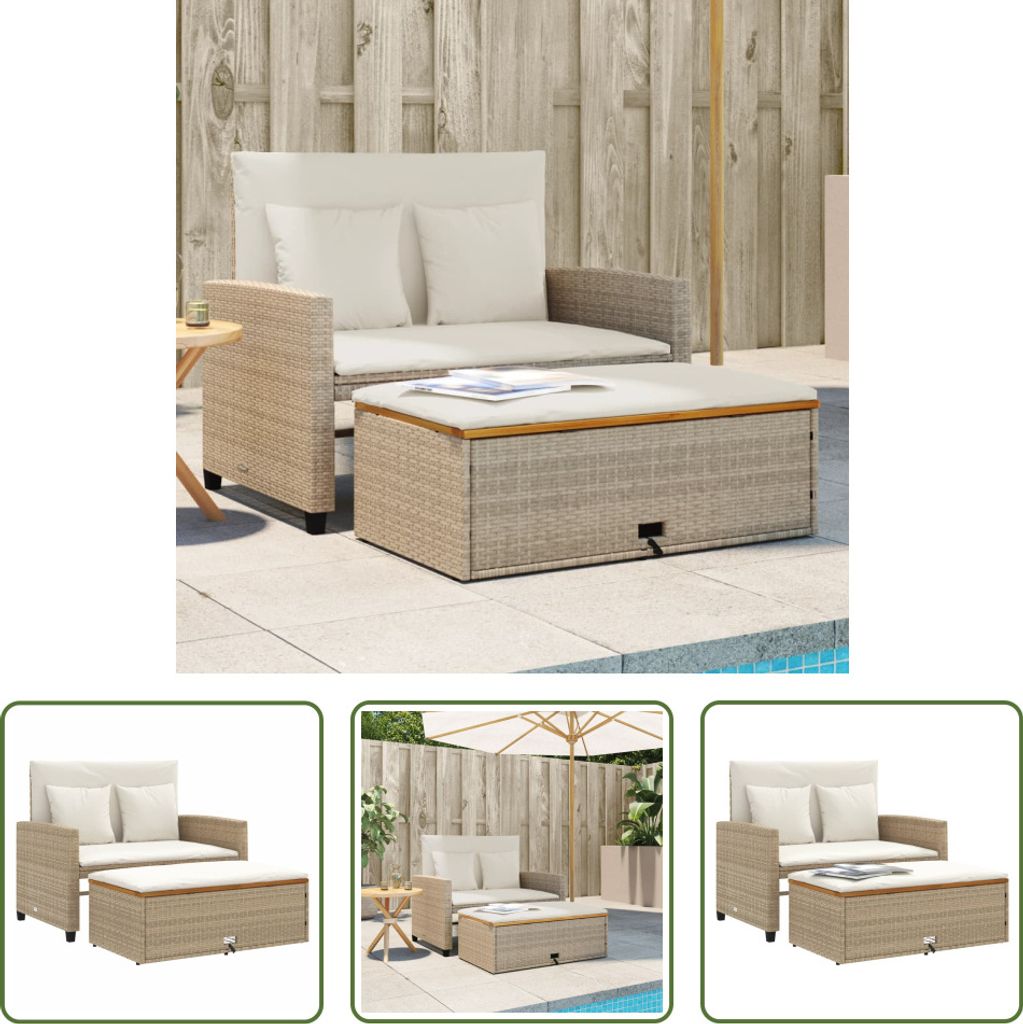 The Living Store Gartensofa mit Kissen 2-Sitzer Beige Poly Rattan & Akazienholz