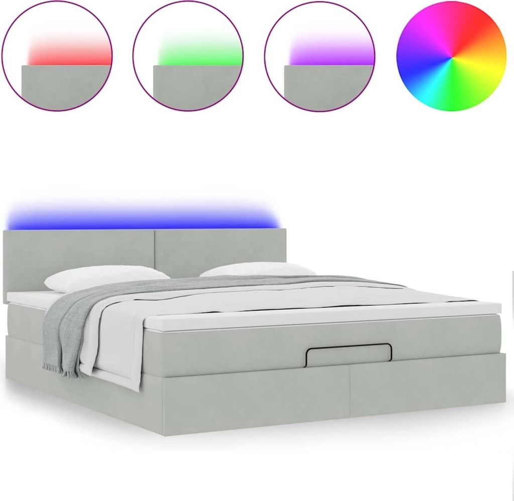 Ottoman-Bett mit Matratze & LEDs Hellgrau 180x200 cm Samt