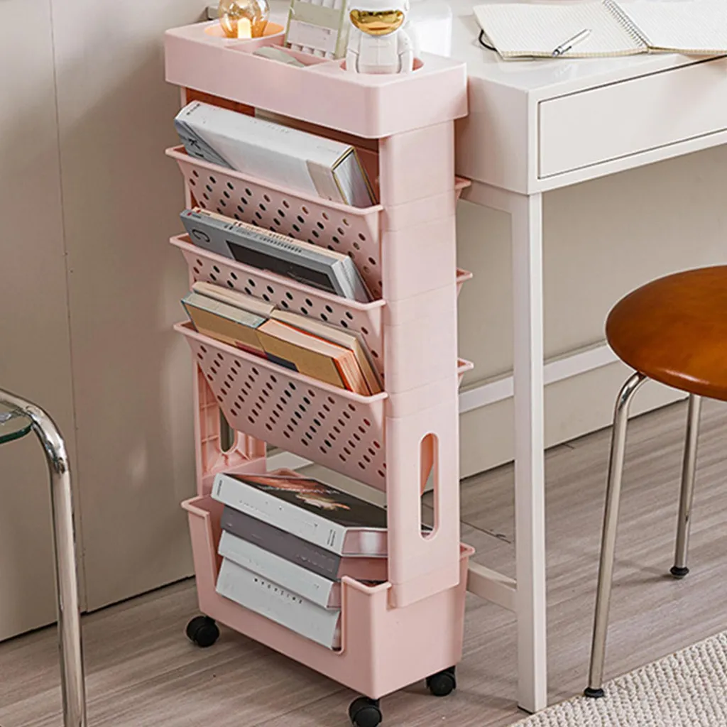 Étagère mobile rose à plusieurs niveaux avec roulettes amovibles 45cm