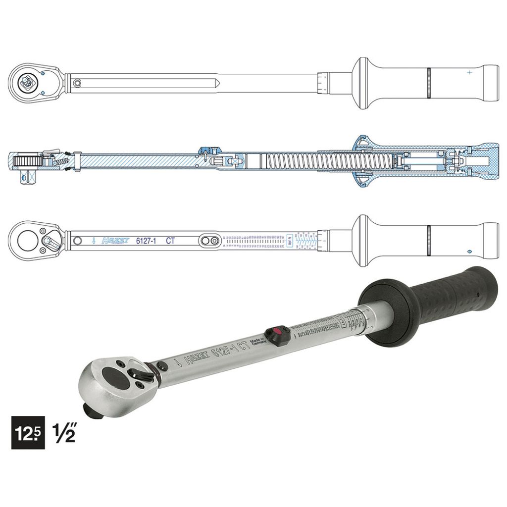 Hazet Drehmomentschlüssel, US-STANDARD 67.8 - 339 Nm, lbf: 50 - 250 lbf.ft Genauigkeit: 3%, 1/2 (12,5 mm) Vierkant massiv, Länge 660 mm