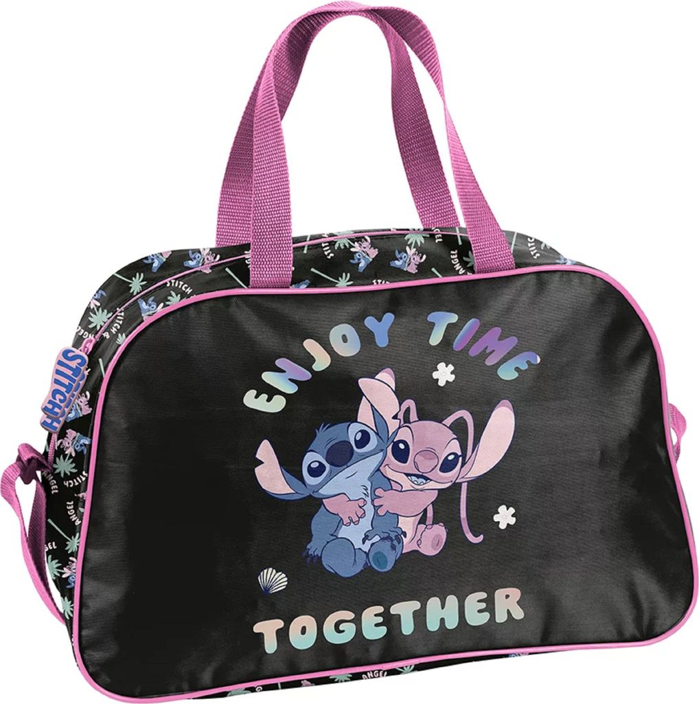 A black duffel bag with Stitch characters and text.