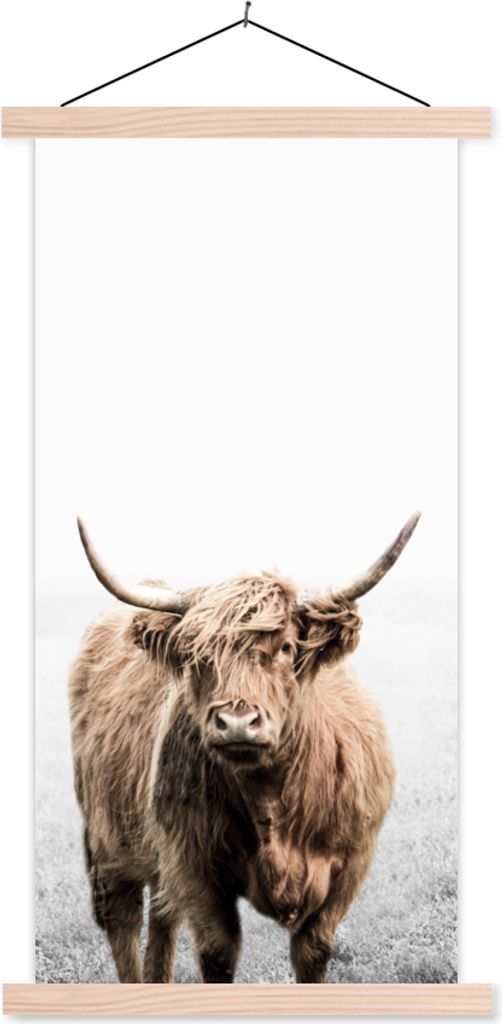 MuchoWow Textilposter Schottisches Hochlandrind - Vlies - Kuh 60x120 cm mit holzfarbenen Rahmen - Holz
