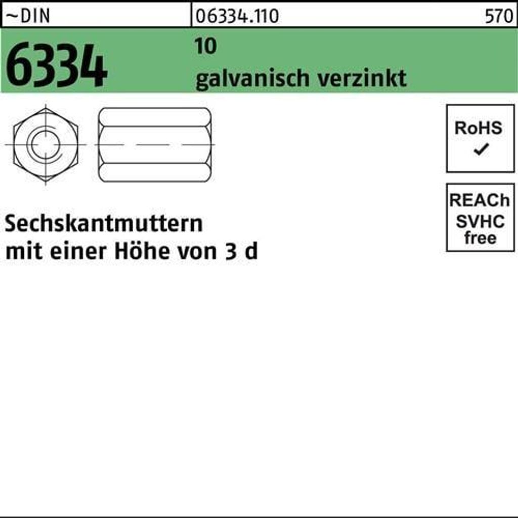 Reyher 6334-10 Verlaeng.Mutter M16 SW24 verzinkt (25 Stück)