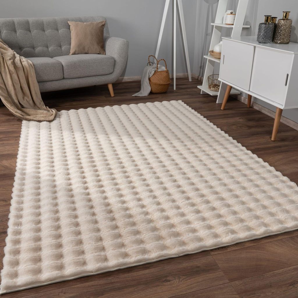 Hochflor Teppich Shaggy waschbar Unifarben Struktur Schlafzimmer Creme Rechteckig 120x160 | 100% Polyester | Florhöhe: 30 mm | pflegeleicht