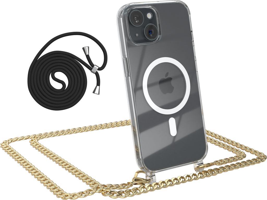 EAZY CASE Handykette kompatibel mit Apple iPhone 15, Kette zum Umhängen aus Metall, Silikonhülle mit Band, stoßfest, mit MagSafe in Gold