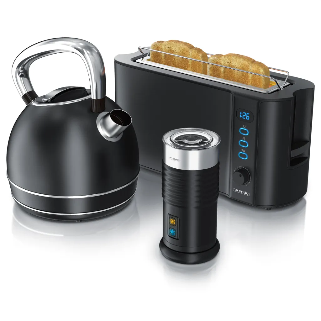 Set Colazione Arendo Nero Opaco: Bollitore, Tostapane e Montalatte Design