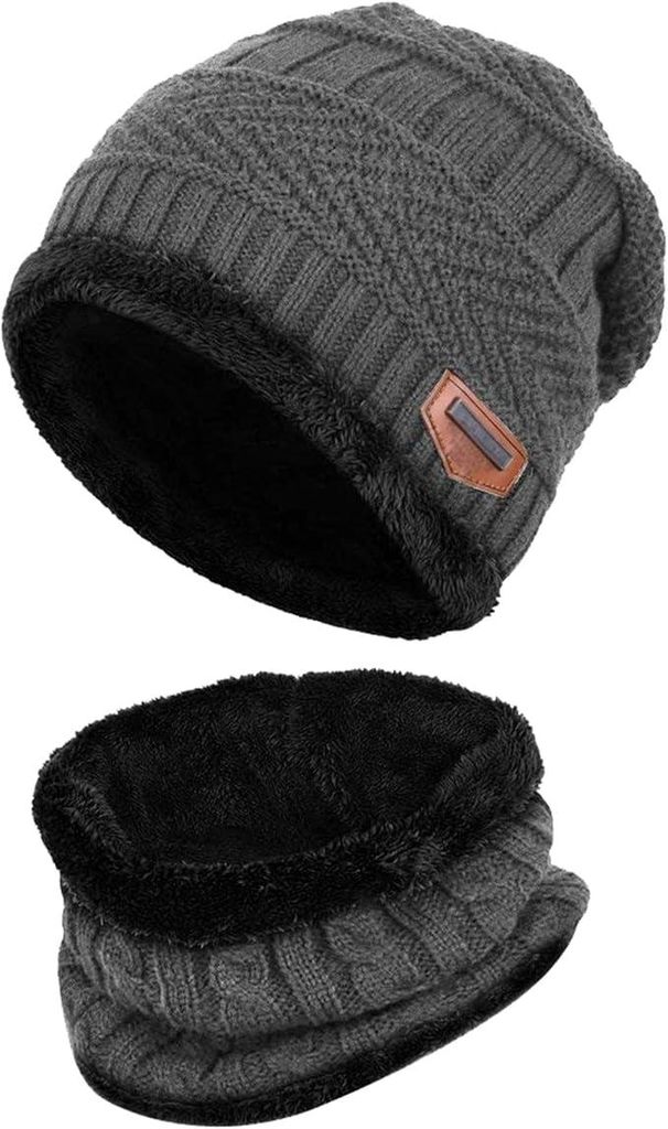 Kinder Wintermütze & Schal Set, warme Strick-Beanie mit Fleecefutter, Slouchy Beanie für Jungen & Mädchen, 2–8 Jahre, Grau (A0478)
