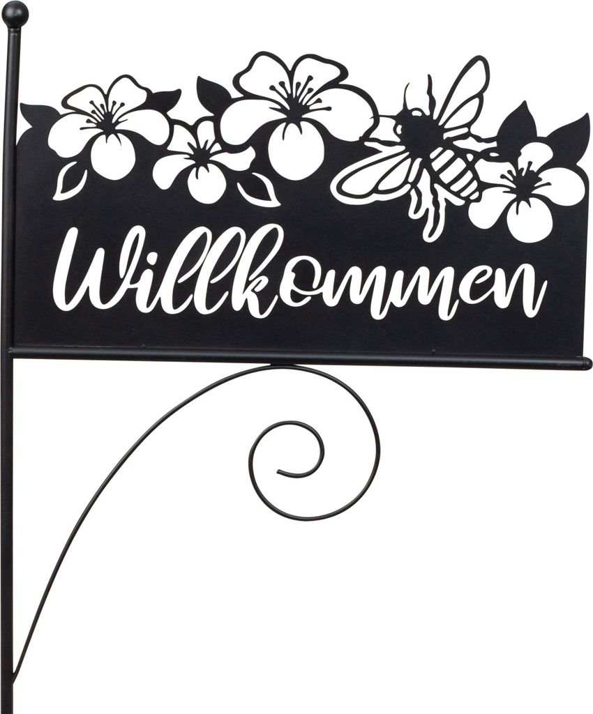 Gartenschild Gartenstab mit Schild Willkommen aus Metall schwarz Höhe 119cm Breite 42 cm