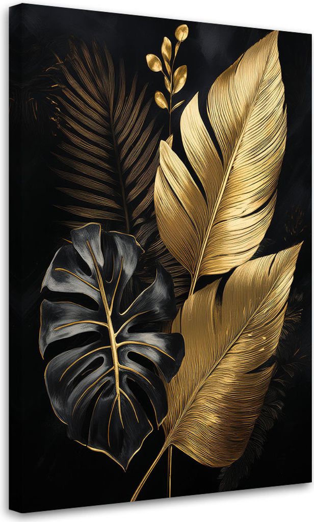 Leinwandbild Monstera-Blätter Palmblätter in Gold 70x100 Feeby Gold bild für die wand bereit zum aufhängen