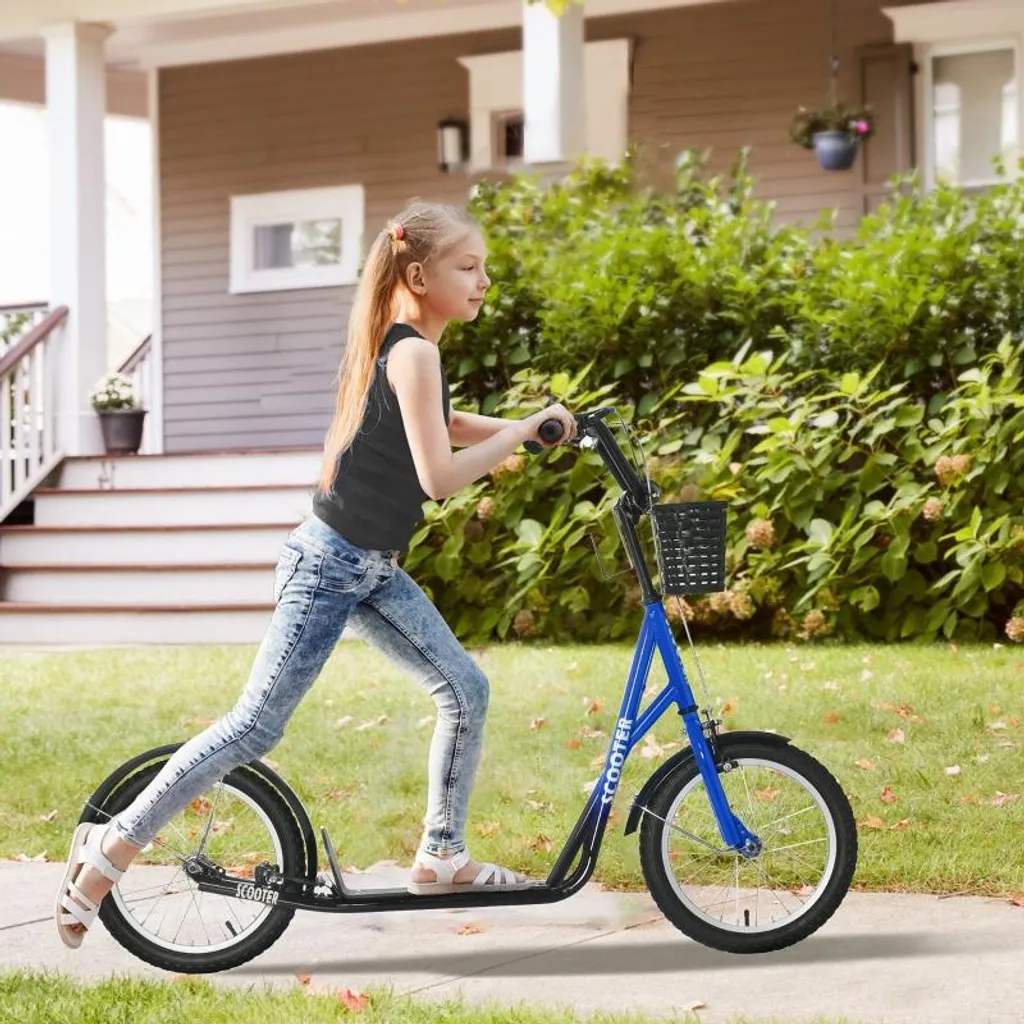 Trottinette réglable en hauteur avec frein arrière sécurisé et panier bleu