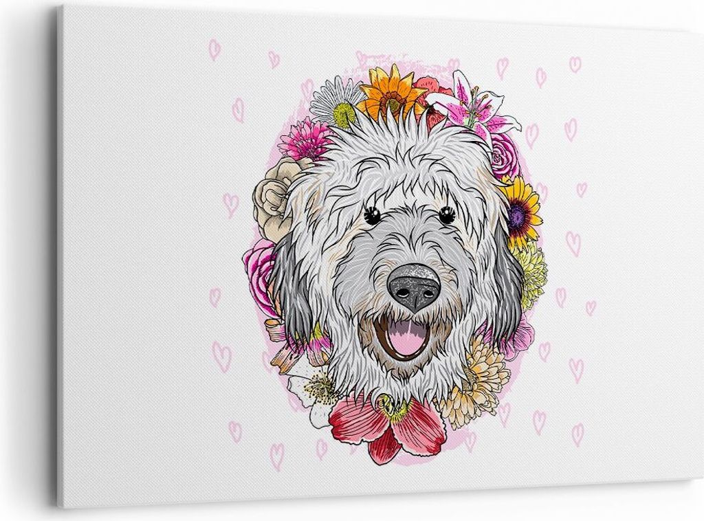Bild auf Leinwand - Leinwandbild - Hund Blumen Kinder exotische - 120x80cm - Wand Bild - Wanddeko - Leinwanddruck - Bilder - Kunstdruck - Wanddekor...