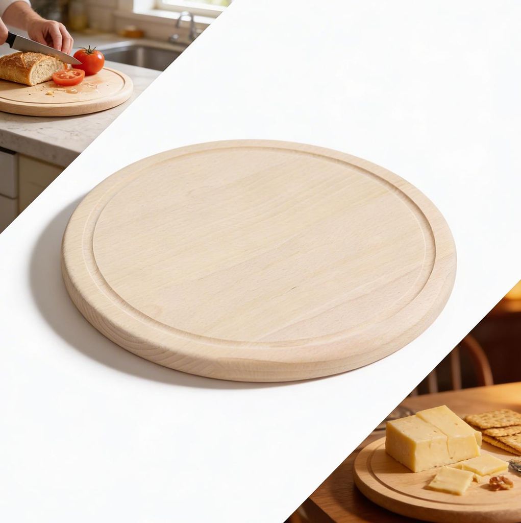 Runde Holzschneidebrett aus Buchenholz 28 cm mit Rille zum Schneiden von Vorspeisen
