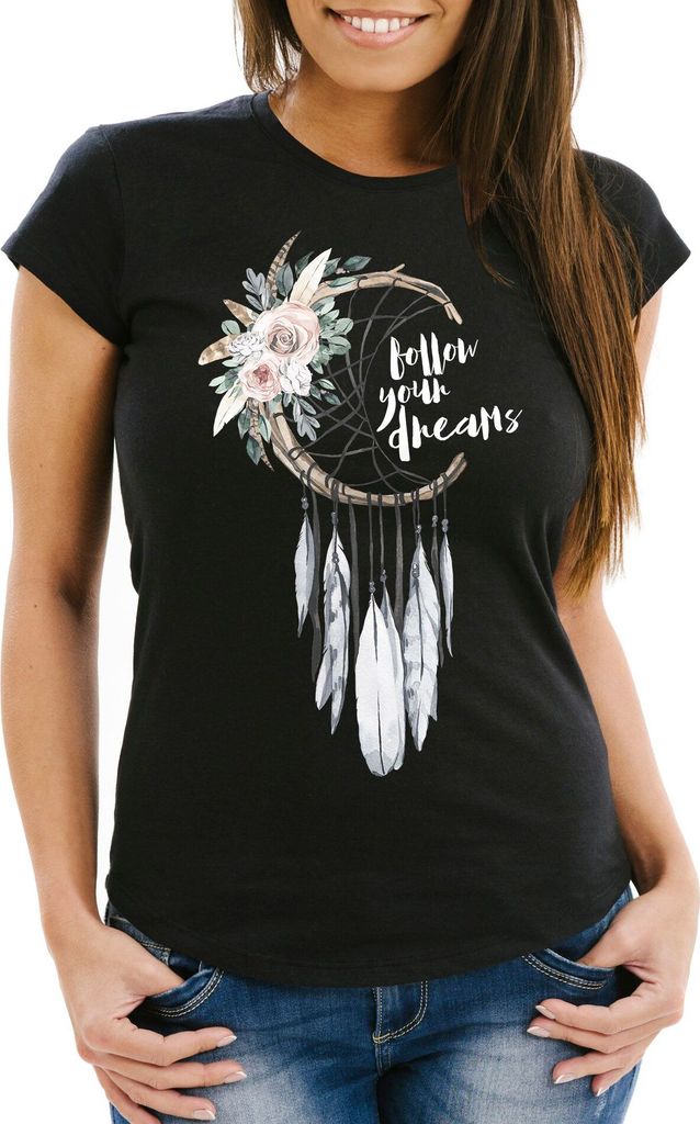 Damen T-Shirt Traumfänger Dreamcatcher Follow your Dreams Spruch Blumen Federn Spruch Boho Slim Fit Neverless schwarz 3XL