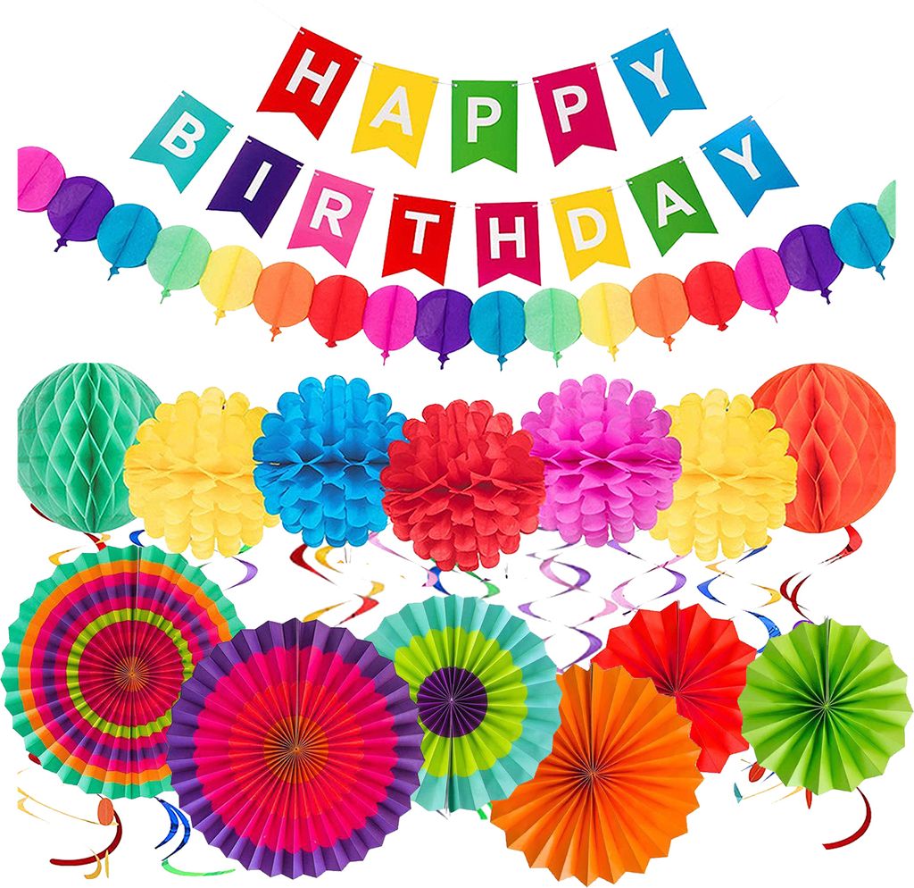 28PCS Happy Birthday Banner Set Colorful Party Decorations Supplies Party Favors Fans Swirls Honeycomb Balls Paper Pompoms