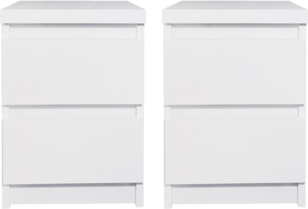 Two identical white nightstands are shown side-by-side.