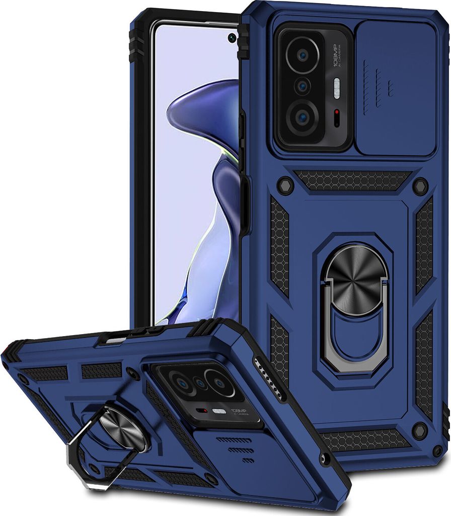A blue phone case with a sliding camera cover and a ring holder is displayed with a phone inside.