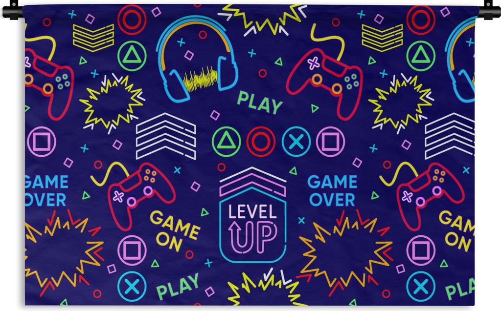MuchoWow Wandteppich Wandbehang Gaming - Neon - Kopfhörer - Design 90x60 cm Tapisserie Dekoration Wandtuch - Wandskulpturen - Bildteppich