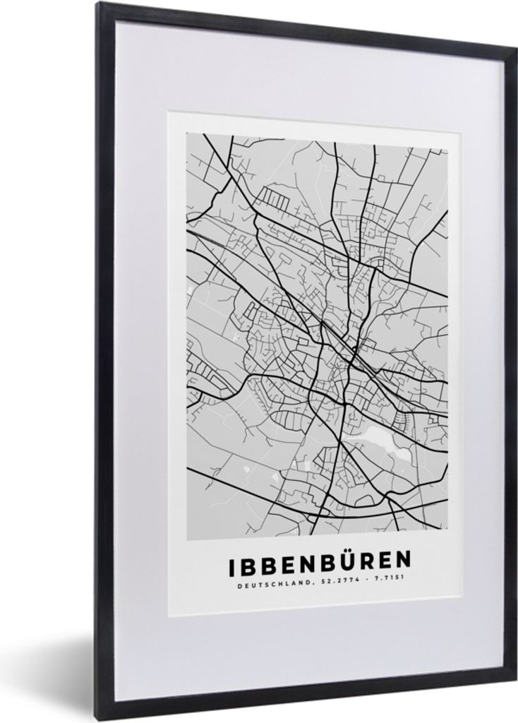 MuchoWow Gerahmtes Poster Deutschland - Karte - Ibbenbüren - Stadtplan 40x60 cm - Poster mit Schwarzem Bilderrahmen Wandposter Rahmen Foto Bilde...