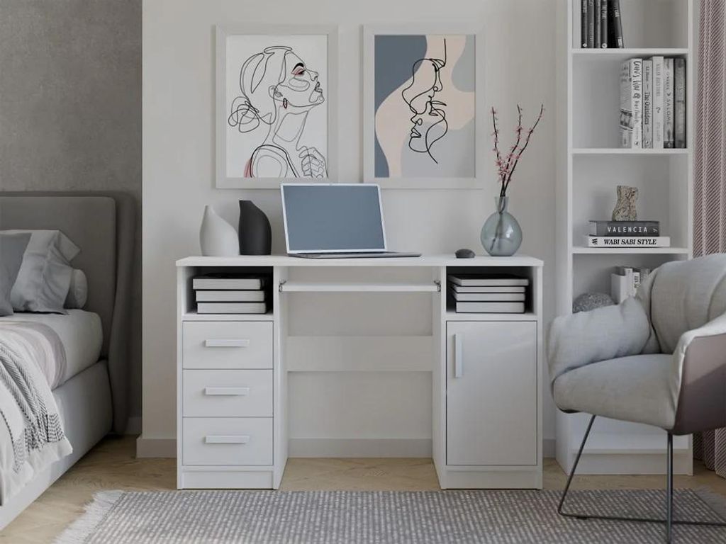 Bureau Delta Blanc 120 Cm 3 Tiroirs Armoire Étagères Pour Image du produit 