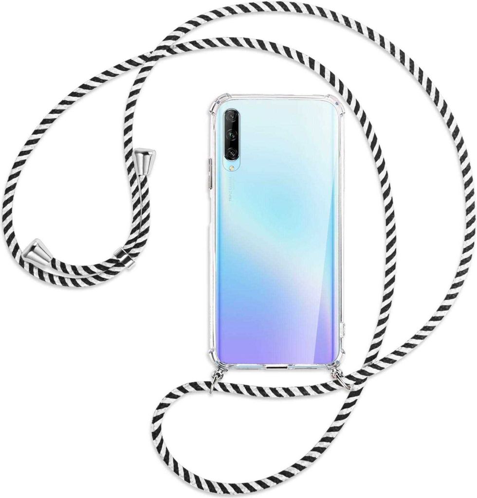 Handykette Backcover-Schutzhülle mit Band (Metall silberfarben) für Huawei P Smart Pro 2019 - schwarz/weiß gestreift