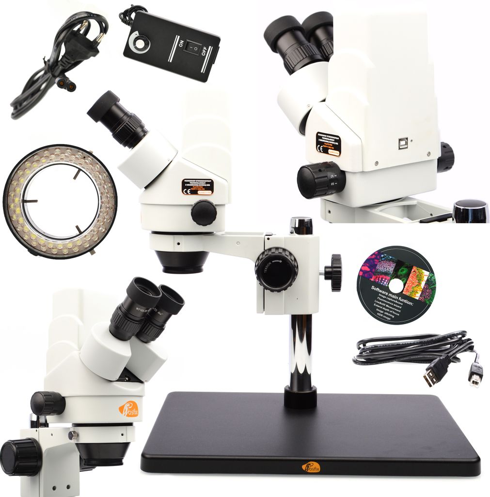Mikroskop stereoskop Trinokular mit Sony USB Kamera 5MP Pluto Pro MSPP-T-BB1-KU + verstellbare LED Beleuchtung 56x Rosfix