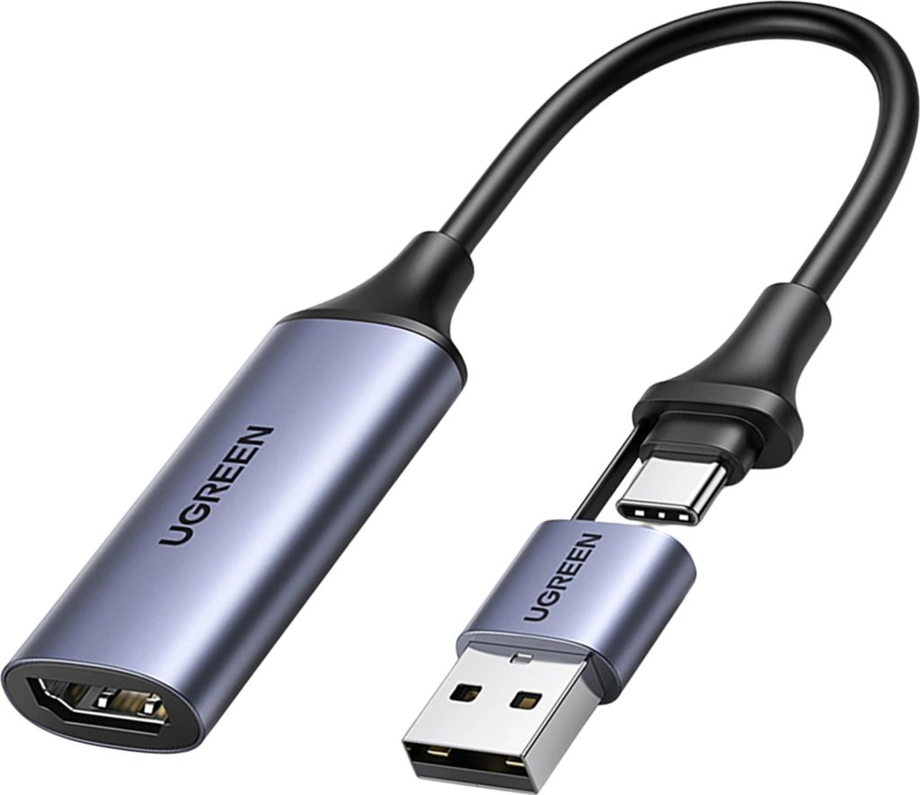 A Ugreen video capture card with HDMI, USB-C, and USB-A connectors.
