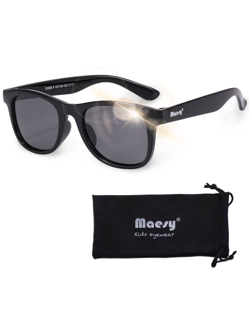 Maesy Kinder Sonnenbrille 3-6 Jahre - Flexibel biegbar - Polarisierter UV400 Schutz - Jungen und Mädchen – Quadratisch- Lino – Schwarz