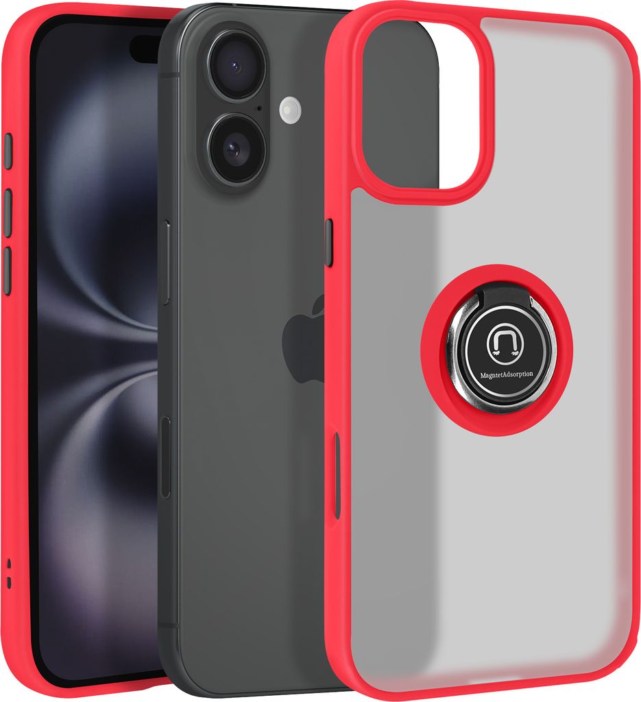 Avizar, Handyhülle für Apple iPhone 16 Plus Metallring, Video-Halterung, Rot