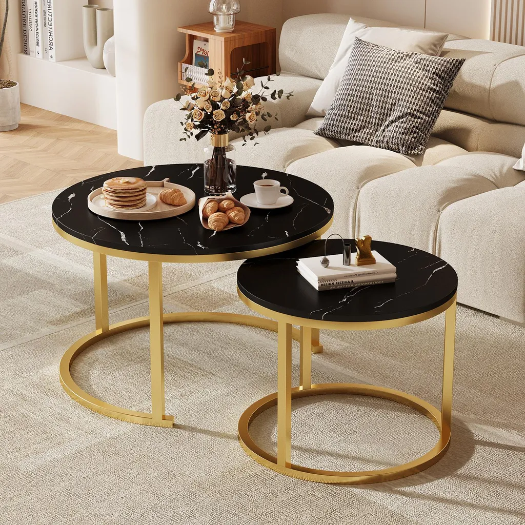 Table basse gigogne effet marbre et structure métal noir lot de 2 pièces