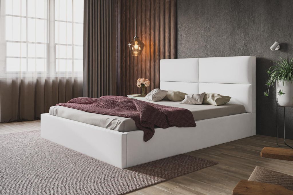 Bett Lizbona 140x200, Bettkasten und Holzrahmen, Jasminstoff, Weiß