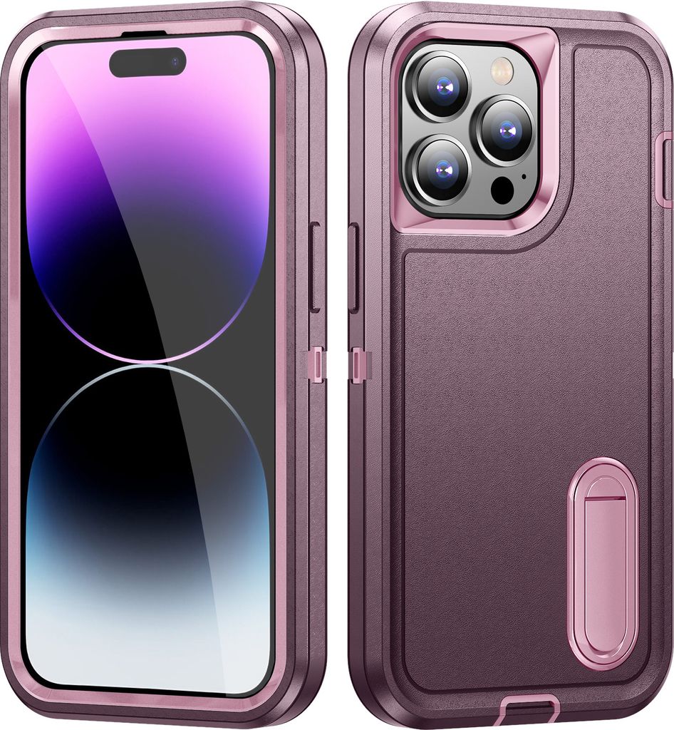 Hülle für iPhone 14 Pro Max Hybrid Dreilagige Robust Stoßfest Schwerlast Schutzhülle mit Ständer Lila