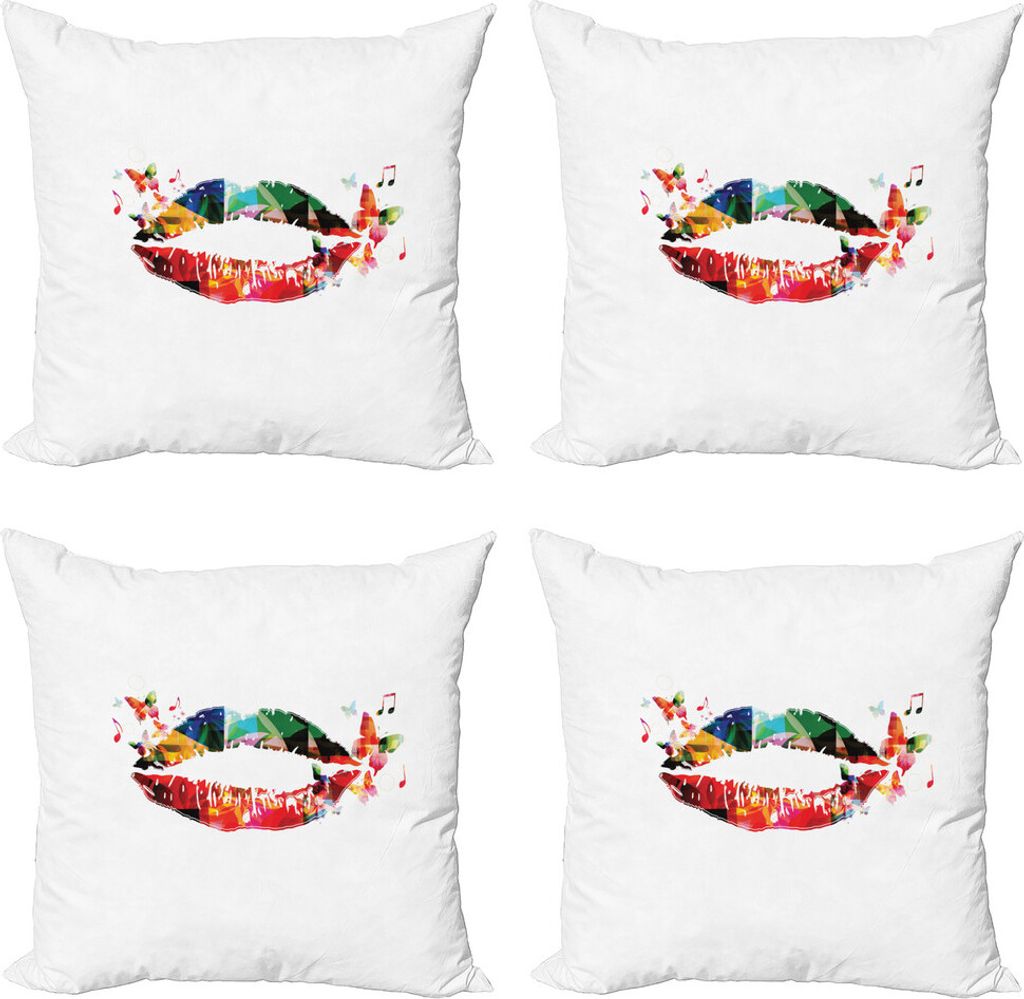 ABAKUHAUS Lippen Kissenbezug Set (4 Stück), Schmetterling und Musik-Anmerkung, Moderner Doppelseitiger Digitaldruck, 60 cm x 60 cm, Mehrfarbig