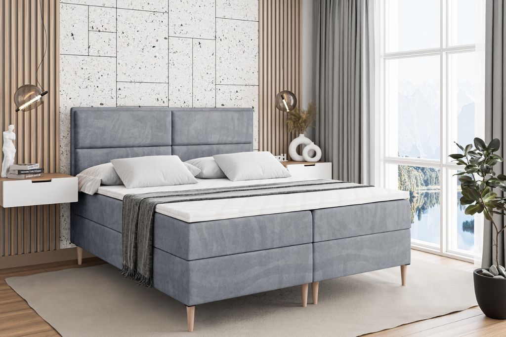 ALTDECOR Boxspringbett mit Holz Füßen, Matratze und Lattenrost, Boxbett, Topper, Polsterbett mit Bettkasten, Bett mit Stauraum H4-Matratze, Doppe...
