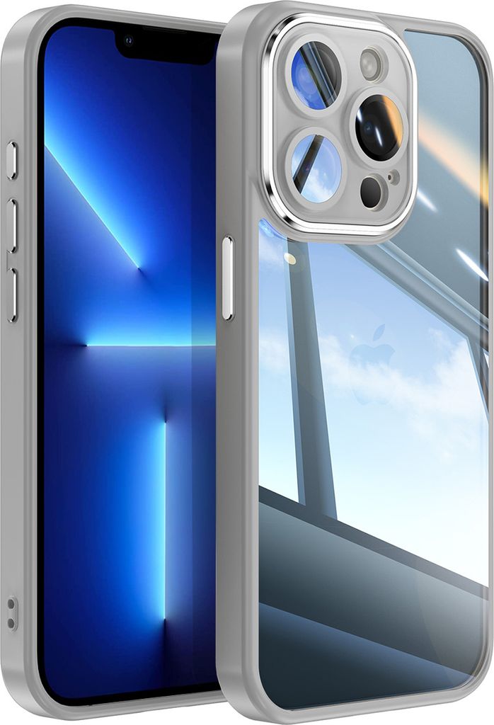 Handyhülle für iPhone 13 Pro Max Hybrid Transparent TPU PC Militärschutz mit Kameraabdeckung Grau