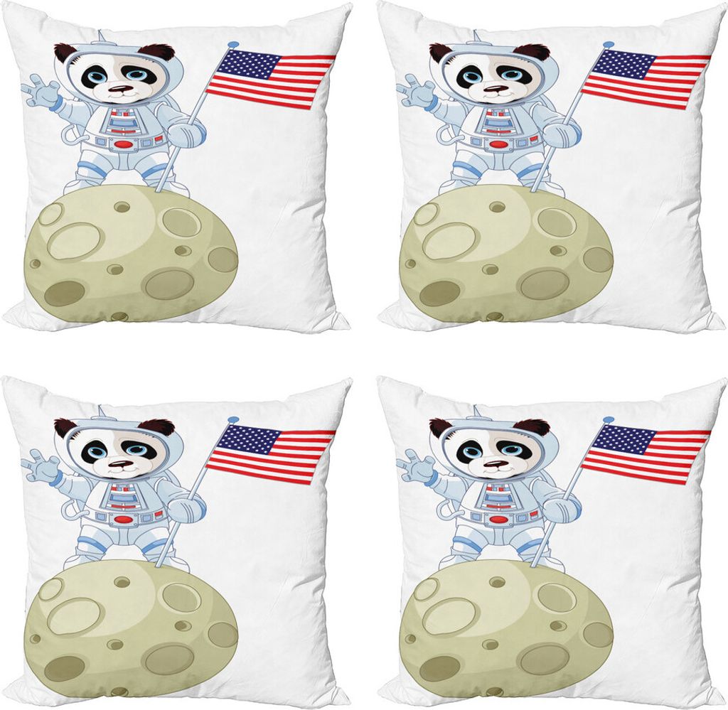 ABAKUHAUS Panda Kissenbezug Set (4 Stück), Astronaut auf Mond-Karikatur, Moderner Doppelseitiger Digitaldruck, 40 cm x 40 cm, Red Navy White