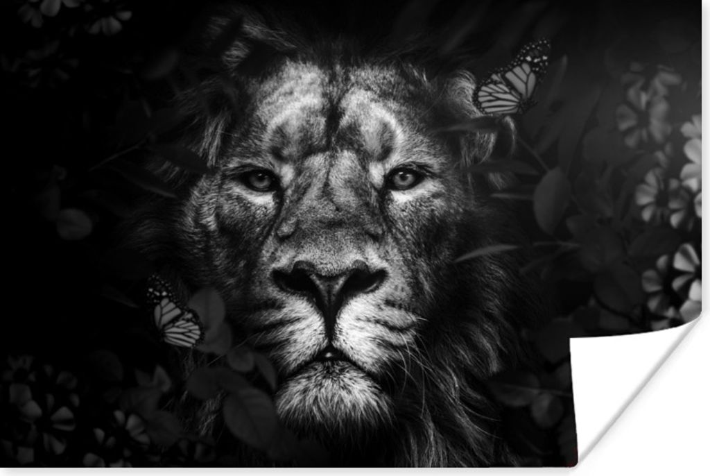 MuchoWow Poster Löwe mit Schmetterlingen und Blumen im Dschungel - schwarz und weiß 180x120 cm - Fotoplakat