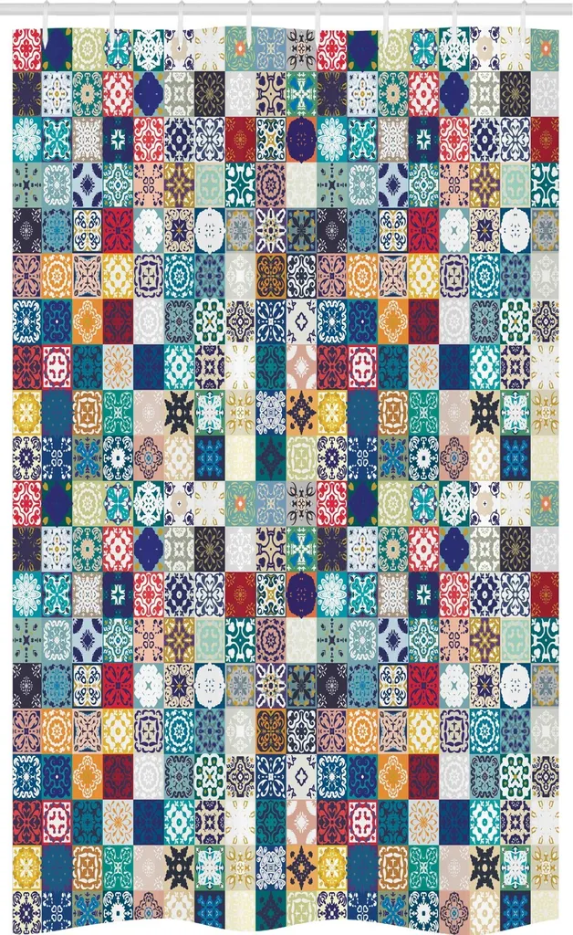 ABAKUHAUS Tenda da doccia marocchina stretta, elaborato motivo patchwork, set decorativo per bagno in tessuto con ganci, 120 x 180 cm, multicolore