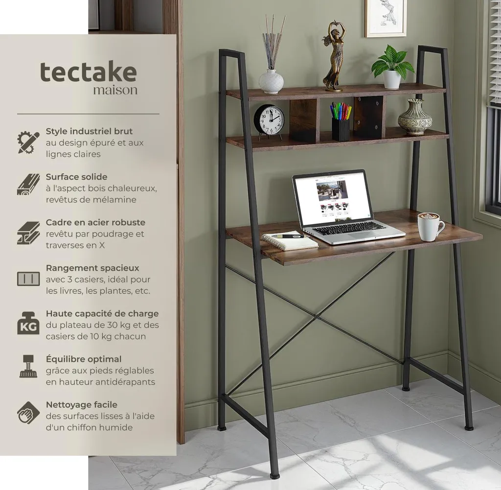 Petit bureau industriel Exeter bois foncé 85cm - Structure stable et robuste
