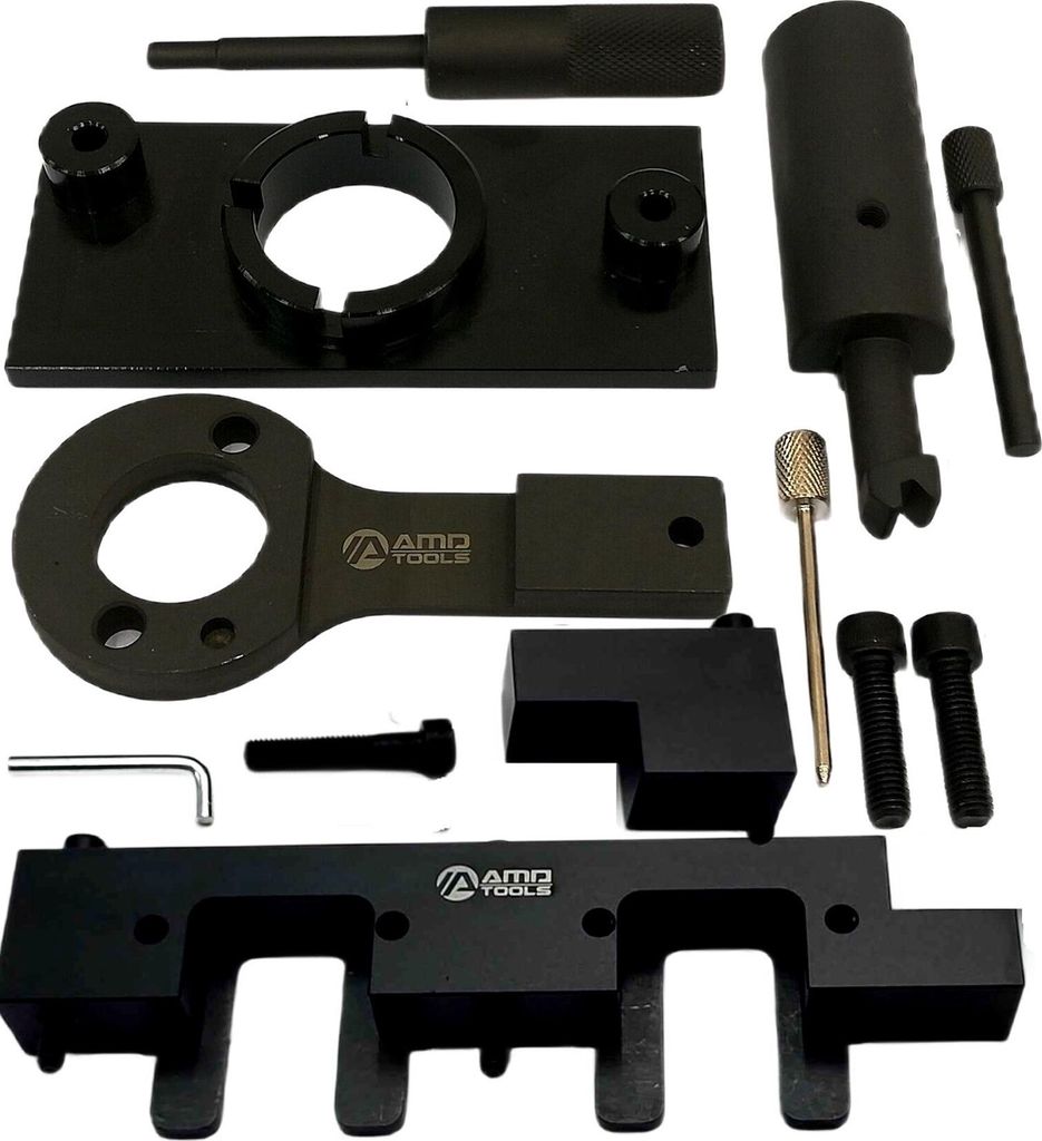 A set of black metal automotive tools laid out on a white background.