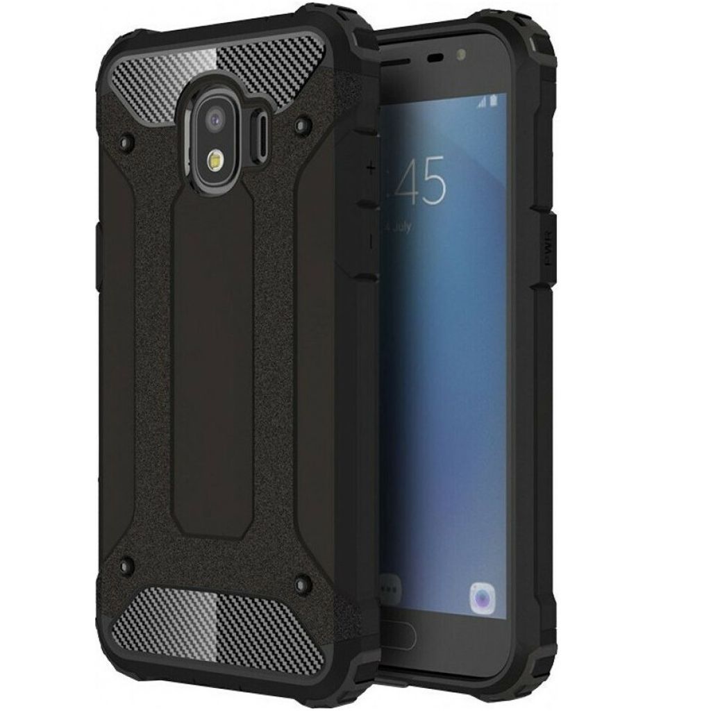 A black rugged phone case is shown next to a smartphone.