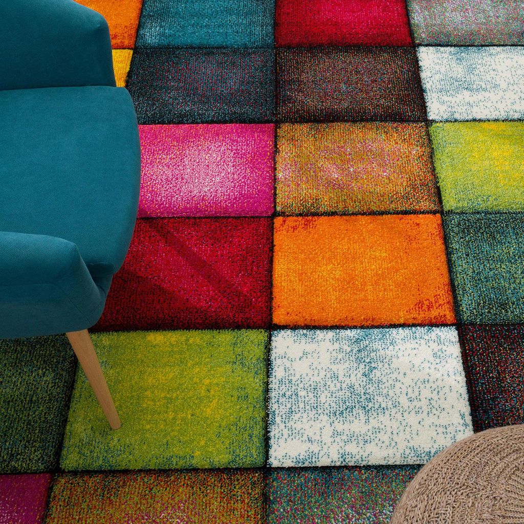 Teppich Kurzflor Karos Wohnzimmer schmutzabweisend Mehrfarbig Läufer 60x110 | 100% Polypropylen, Rücken aus Jute | Florhöhe: 12 mm | pflegeleicht