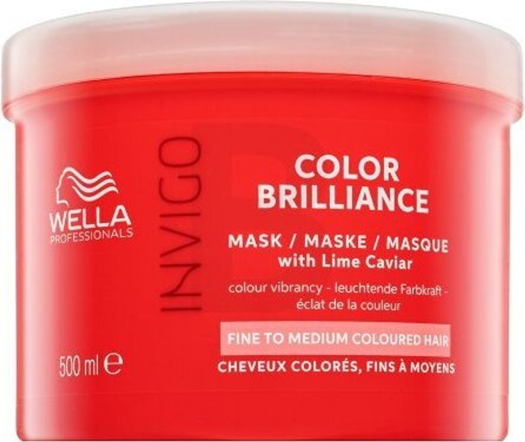 A red tub of Wella Professionals Invigo Color Brilliance Mask with Lime Caviar.