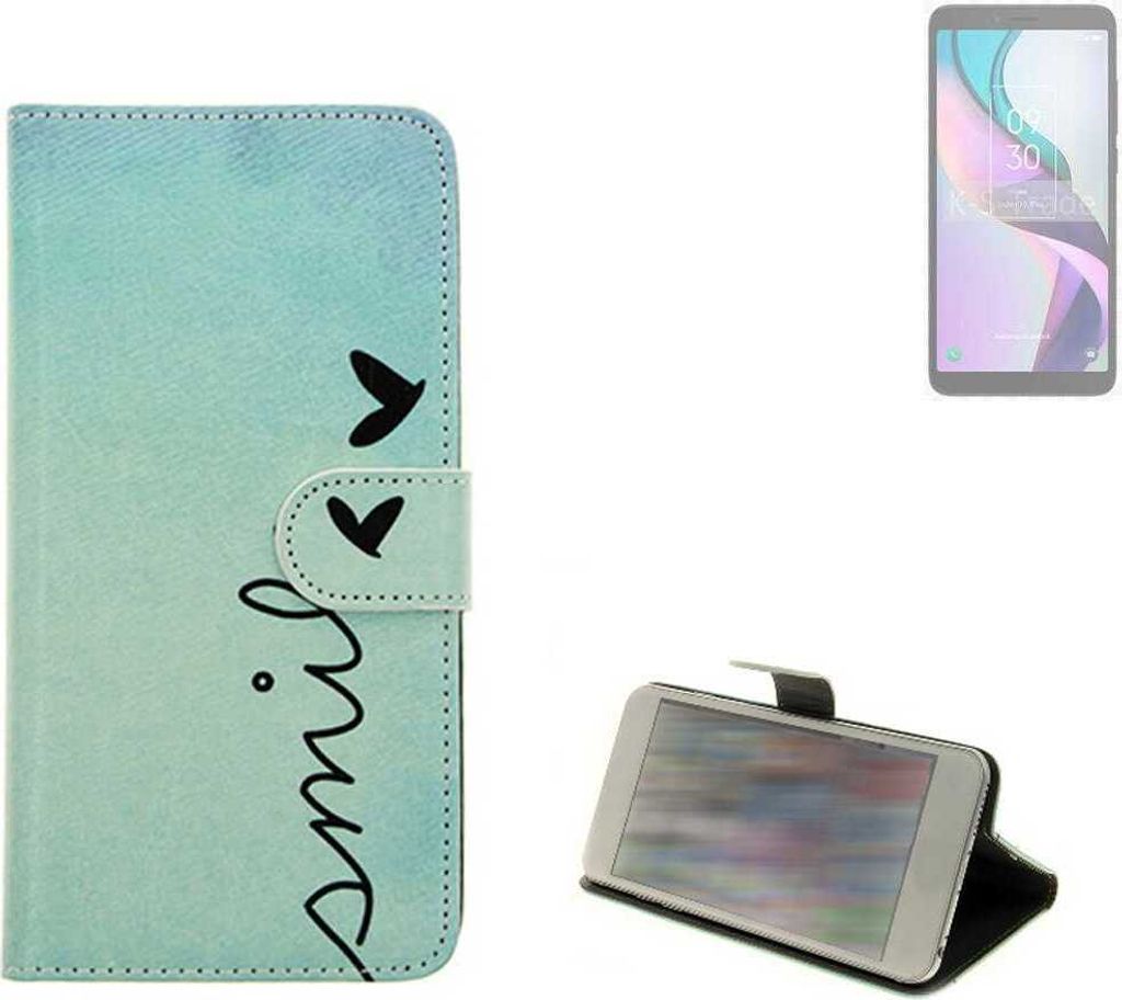 K-S-Trade Schutz Hülle Handy Hülle kompatibel mit TCL Ion X Hülle Handyhülle cover bookstyle Etui Handyhülle “smile“ türkis Standfunktion