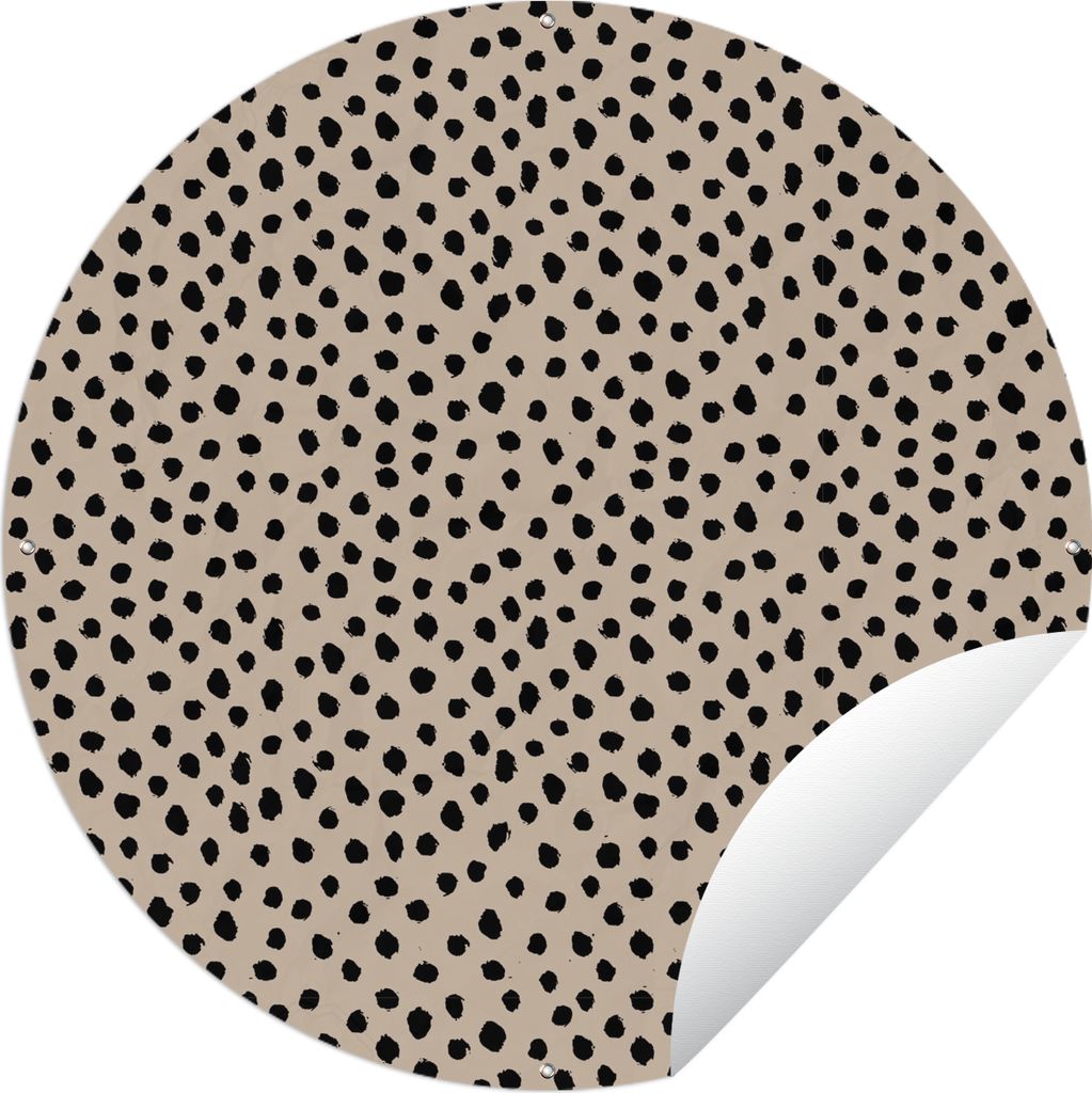 MuchoWow Gartenposter Outdoor-Poster Rund Beige - Tupfen - Muster - Schwarz Ø 90 cm Gartendeko Rundes Poster draußen