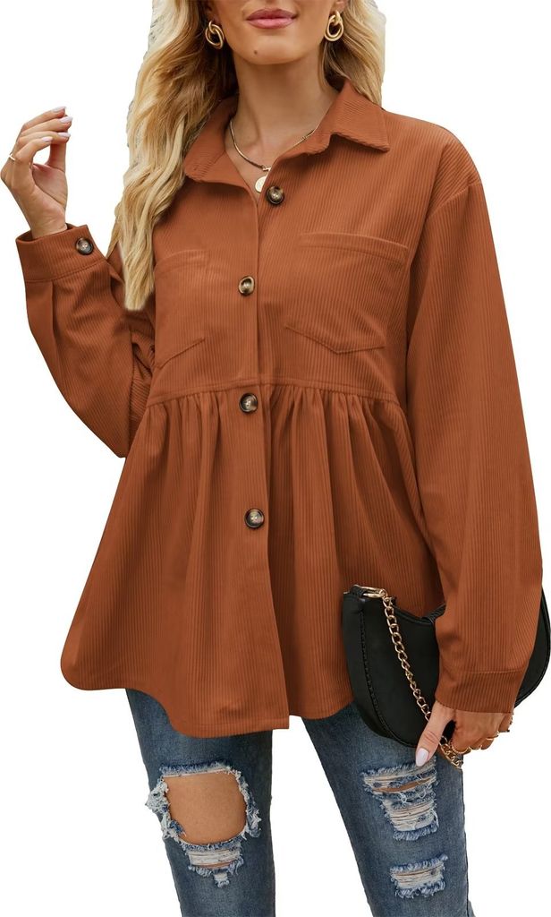 ASKSA Women's Blouse Corduroy Shirt Babydoll Shacket Jacket Lapels Long Sleeve Shirts, Karamellfarbe, L