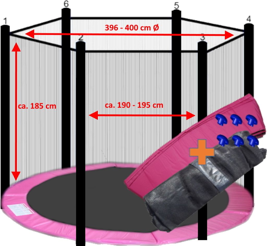 walexo Trampolin Randabdeckung + Sicherheitsnetz für 6 Stangensystem ( 396 cm Ø, Pink/Schwarz )