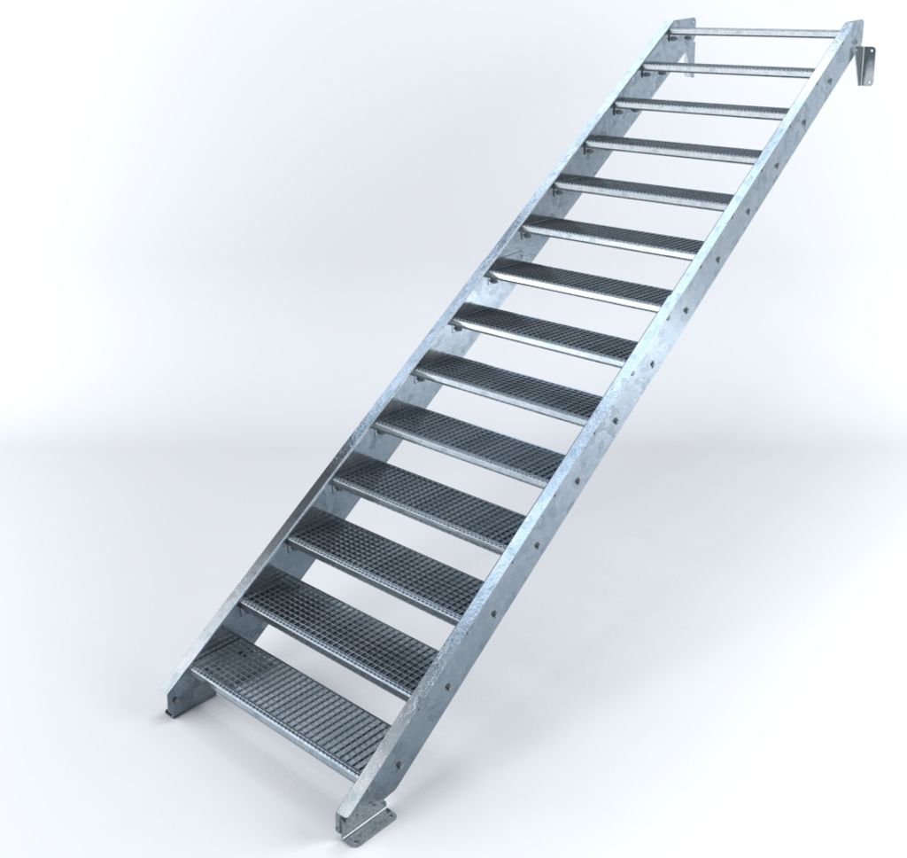 Stahltreppe 14 Stufen bis Höhe 280 cm, Laufbreite : 100 cm kein Geländer ST 3 (31 / 9 mm schmal)